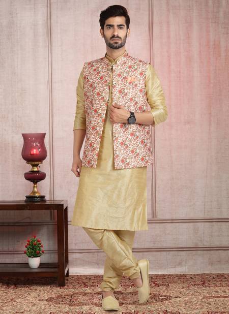 Cream Festive Wear Jacquard Banarasi Silk Digital Print Kurta Pajama With Jacket Mens Collection 1204